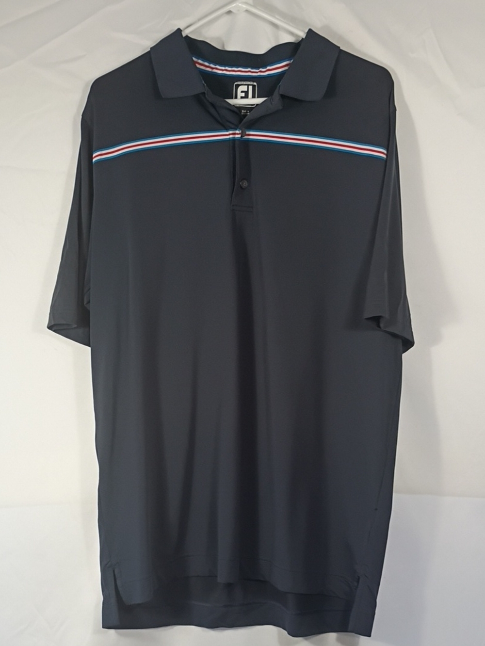 EUC FootJoy Polo Shirt Mens Sz Large Athletic Fit Blue Red Stripe Golf Summer